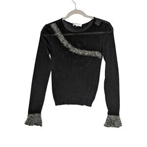 Anne Fontaine Mesh Blouse Size 1 Black White Bell Sleeve H03714‎ Crew Neck Sheer